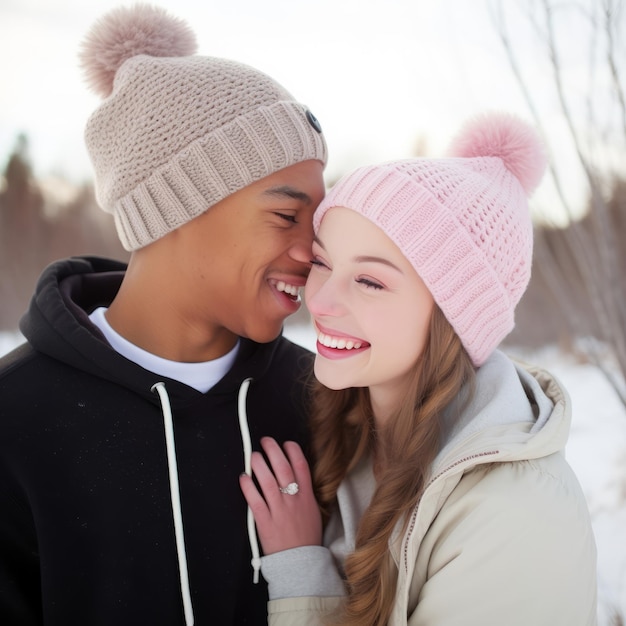 Un'amorevole coppia interrazziale adolescente si sta godendo una romantica giornata invernale.