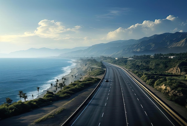 un'ampia autostrada che si affaccia sull'oceano con le montagne alle spalle