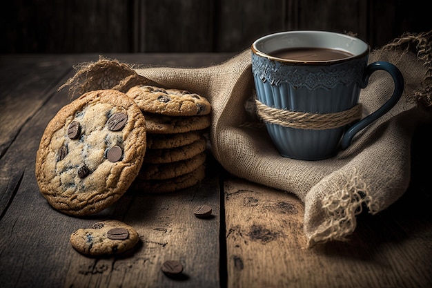 Un'ampia varietà di prodotti può essere vista all'interno della tela, inclusi biscotti, chicchi di caffè, tela ad alta risoluzione, un dipinto, una tazza blu con motivi intagliati. Concept art AI