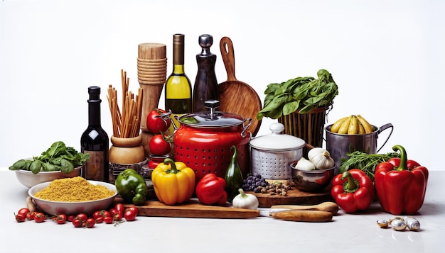 Un'ampia varietà di verdure fresche e organiche e spezie sono disposte su un tavolo di legno imbiancato