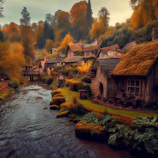 Un'ampia vista del piccolo villaggio in autunno con lo stile della pittura a olio del piccolo fiume