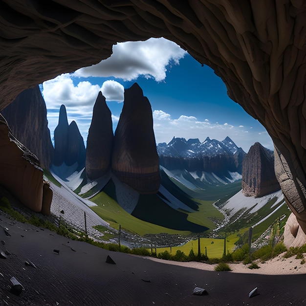 Un ampio panorama delle maestose Dolomiti viste dalle profondità di una grotta artificiale