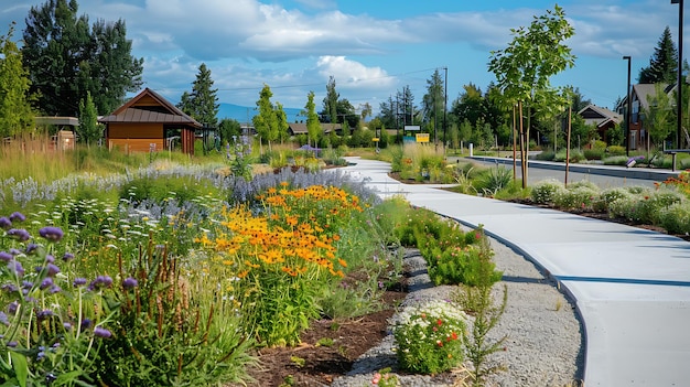 Un ampio sentiero di cemento si snoda attraverso un giardino lussureggiante pieno di fiori colorati