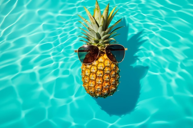 Un ananas che indossa occhiali da sole e nuota in una piscina con acqua.