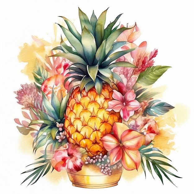 Un ananas con fiori tropicali e foglie tropicali