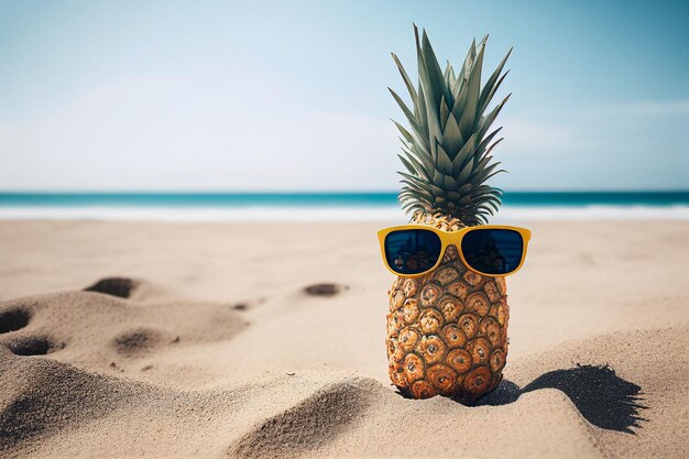 Un ananas con gli occhiali da sole sulla spiaggia