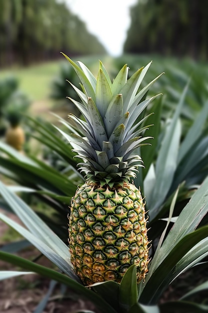 Un ananas con la parte superiore verde e lettere bianche che dicono "ananas"