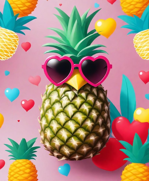 un ananas con occhiali da sole a forma di cuore e occhiali da sol forma di cuore