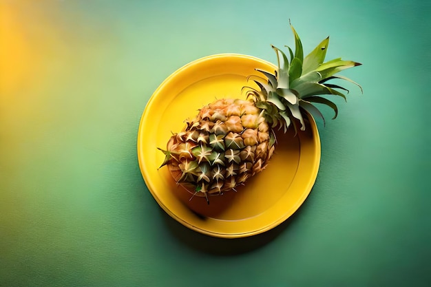 un ananas è in una ciotola gialla su un tavolo verde.