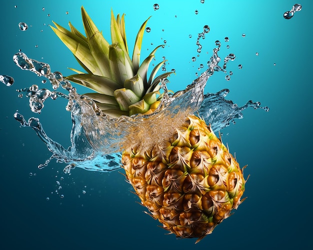 Un ananas è nell'acqua con uno sfondo blu.