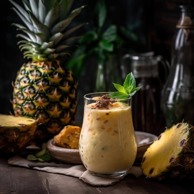 Un ananas e un bicchiere di frullato di ananas con una foglia verde sul lato.