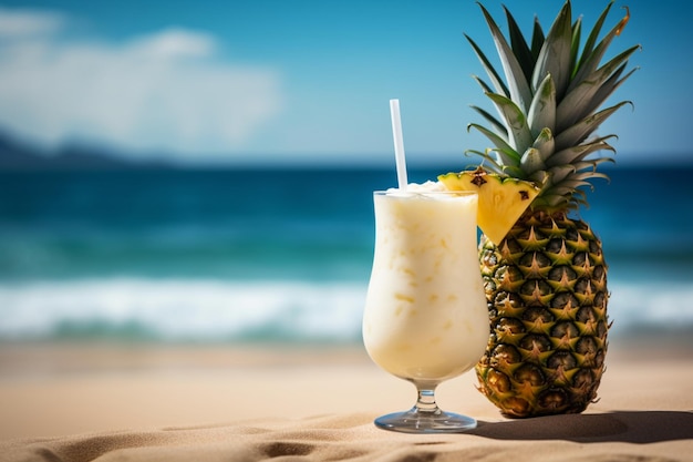 Un ananas e un drink in spiaggia