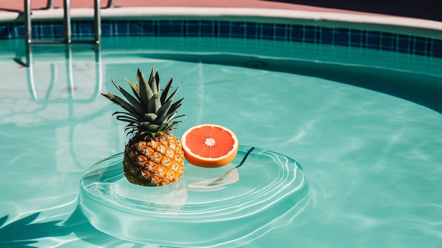 Un ananas si siede su una piscina con un pompelmo in primo piano.