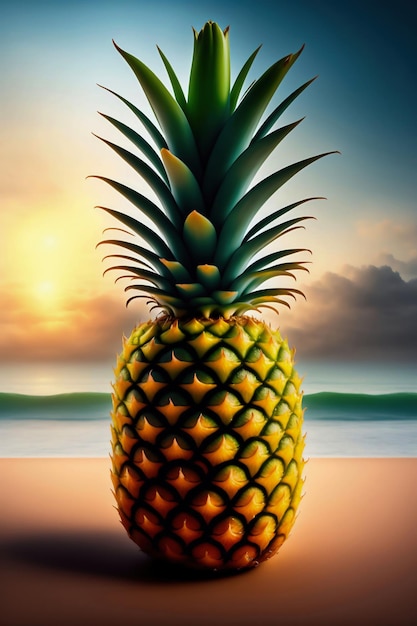 Un ananas su una spiaggia con un tramonto sullo sfondo