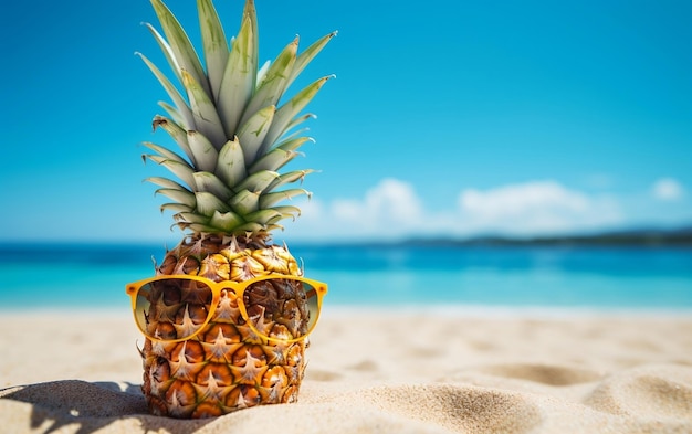 Un ananas tropicale che indossa eleganti occhiali da sole su una spiaggia sabbiosa AI