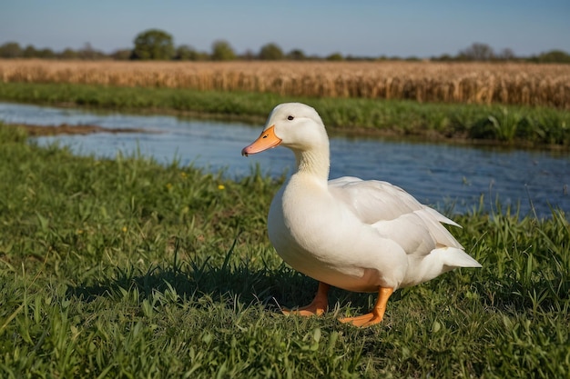 un'anatra bianca in piedi in un campo