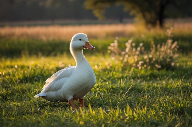 un'anatra bianca in piedi in un campo