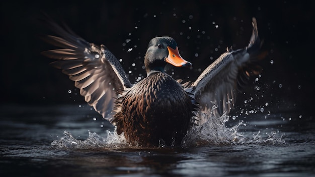 Un'anatra con le ali spiegate nell'acqua