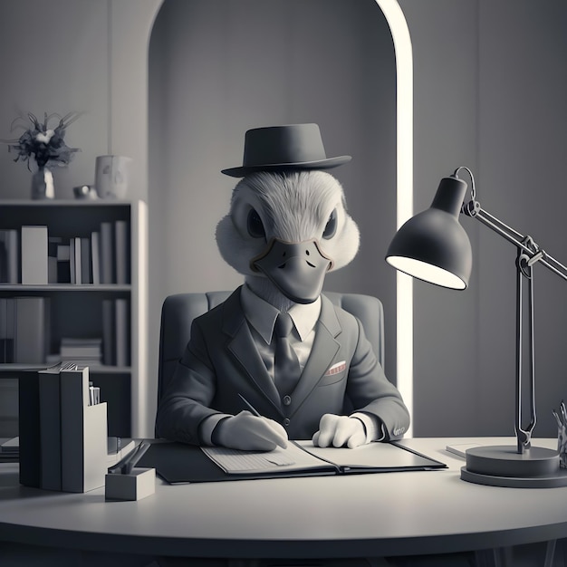 un'anatra è seduta su una scrivania con un portatile e una lampada