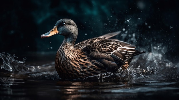 Un'anatra in acqua con uno sfondo blu