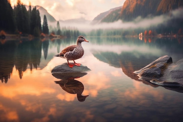 un'anatra in piedi su una roccia in un lago