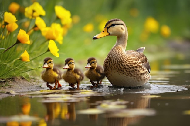 Un'anatra madre che guida i suoi anatre attraverso uno stagno La famiglia di anatre mallarde si riflette nello stagno tranquillo generato da Ai generato