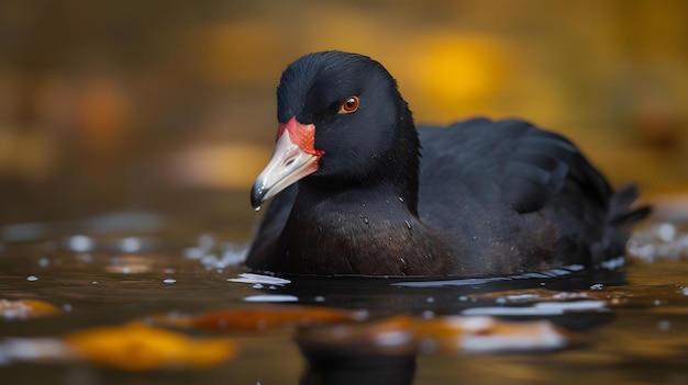 Un'anatra nera con gli occhi arancioni nuota in uno stagno.