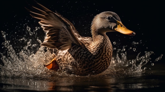 Un'anatra schizza in acqua con uno sfondo nero.