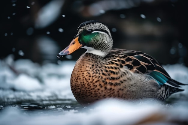 Un'anatra selvatica colorata su un lago d'inverno