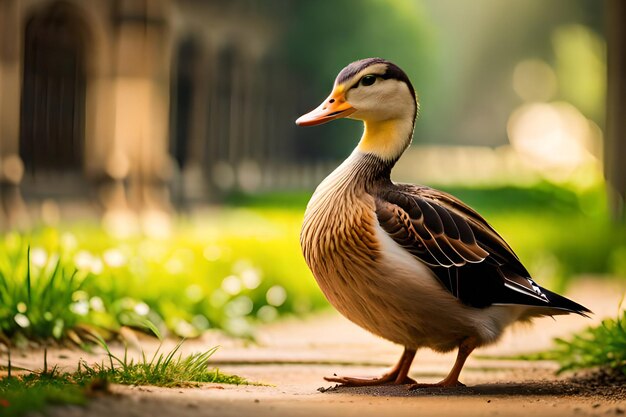 Un'anatra su un sentiero in un parco