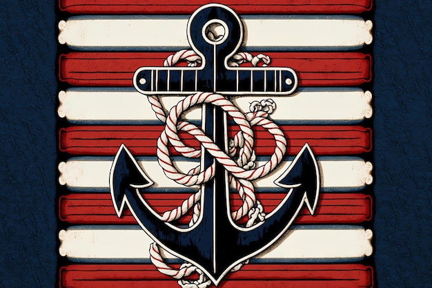 Un'ancora rossa e strisce bianche e blu appaiono in un motivo marinaio a piastrelle