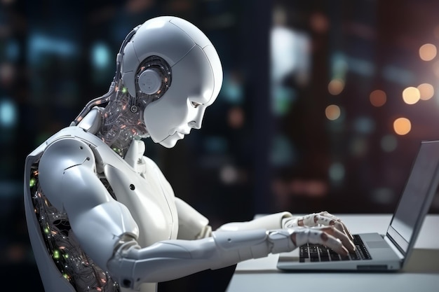 Un androide futuristico alimentato dall'intelligenza artificiale funziona su un computer Tecnologia affascinante e all'avanguardia