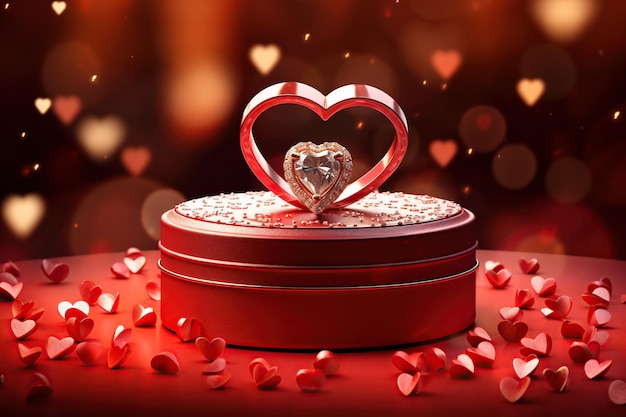 Un anello a forma di cuore in una scatola di velluto rosso circondato da confetti scintillanti che simboleggiano il romanticismo e la proposta di matrimonio
