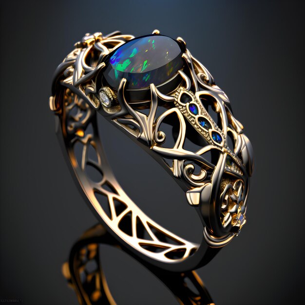 Un anello con una pietra blu e pietre verdi.