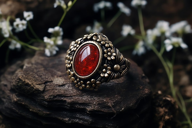 Un anello con una pietra rossa e una pietra con una pietra al centro