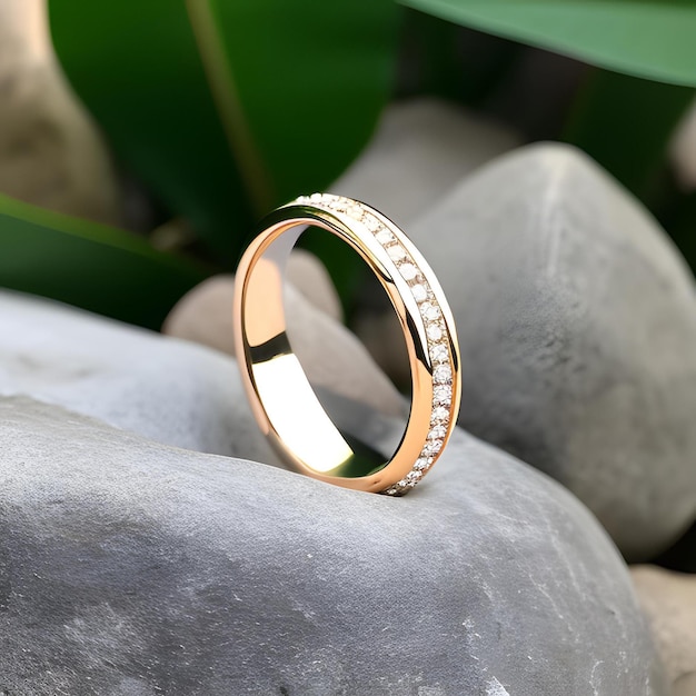 Un anello d'oro con diamanti si trova su una roccia.