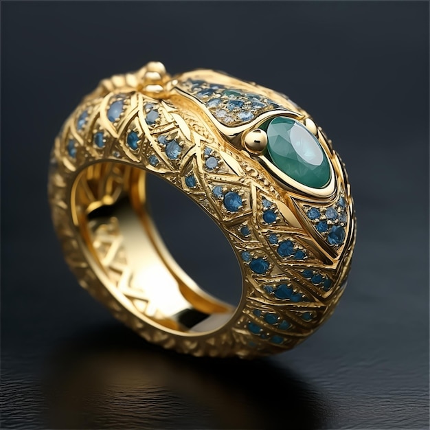 Un anello d'oro con pietre blu e una pietra verde.