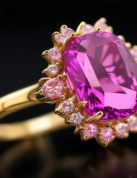 Un anello d'oro con una pietra rosa e diamanti sopra