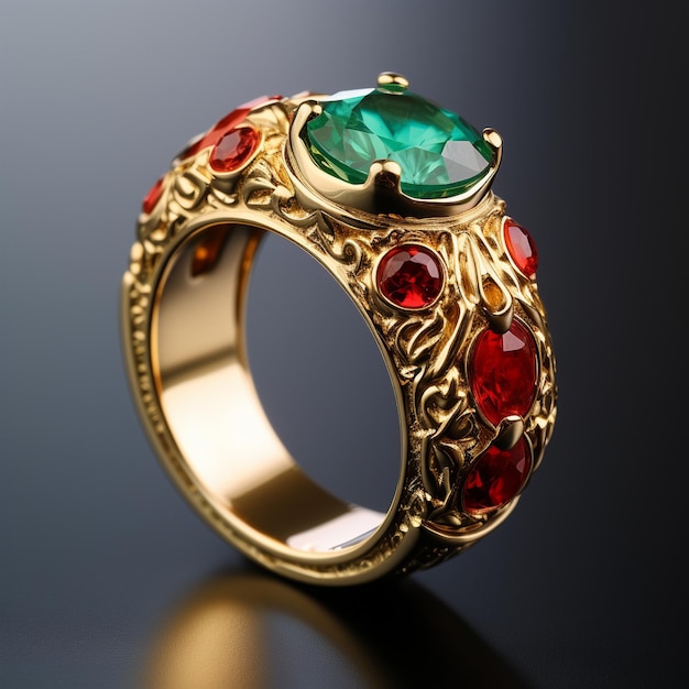 Un anello d'oro con una pietra verde e pietre rosse