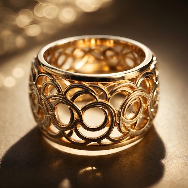 Un anello d'oro ornato con un motivo di cerchi intrecciati da un sole splendente