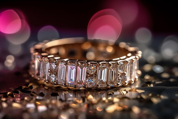 Un anello di diamanti baguette luccicante in un luogo ostentato