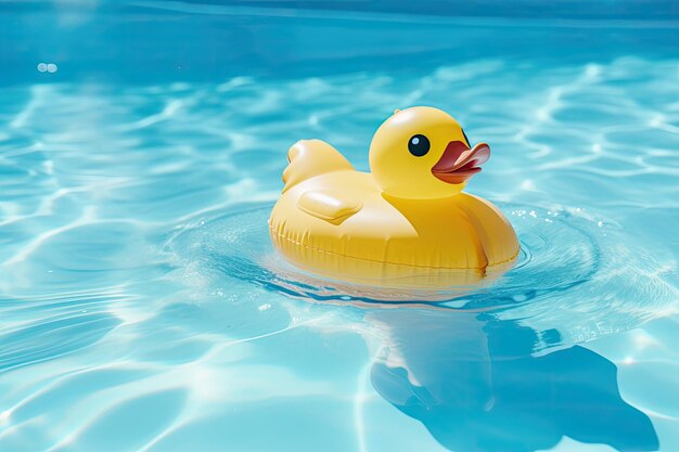 Un anello di gomma gonfiabile giallo a forma di anatroccolo viene visto galleggiare in una piscina piena di acqua blu