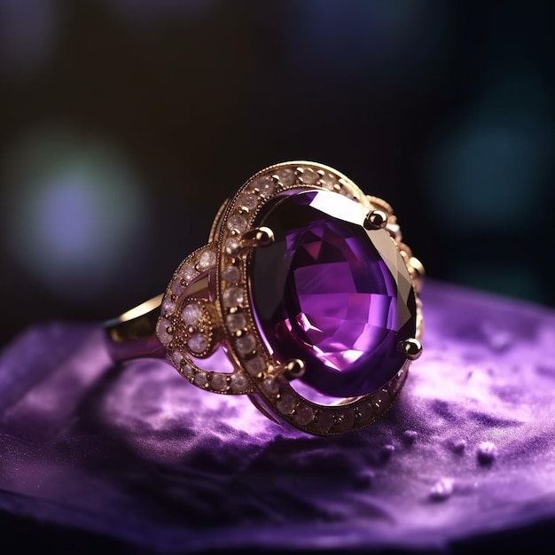 Un anello di pietra viola con una pietra viola sopra uno sfondo viola.