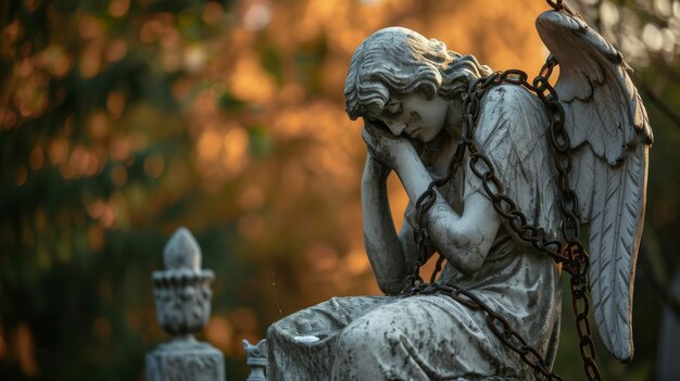 Un angelo abbandonato seduto su una panchina di pietra la testa chinata nella tristezza con catene arrugginite avvolte intorno