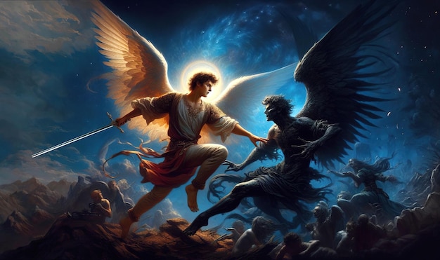 Un angelo con una spada combatte un demone un angelo oscuro