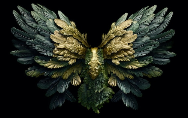 Un angelo verde e oro con le ali su sfondo nero.