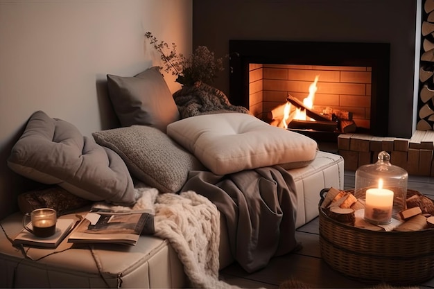 Un angolo accogliente con morbidi cuscini di coperte e un caldo fuoco