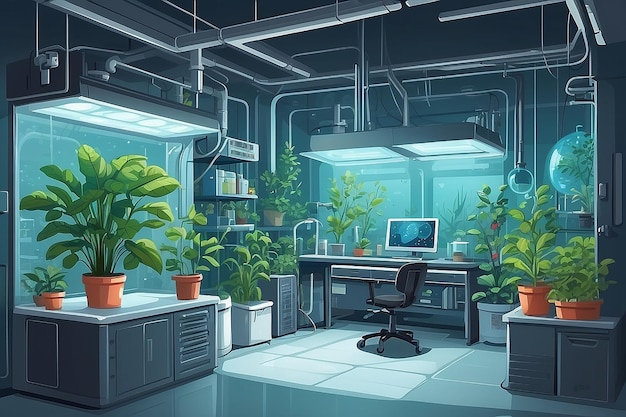 un angolo del laboratorio con un'area dedicata allo studio degli effetti della microgravità sul vettore di crescita delle piante illustrazione in stile piatto