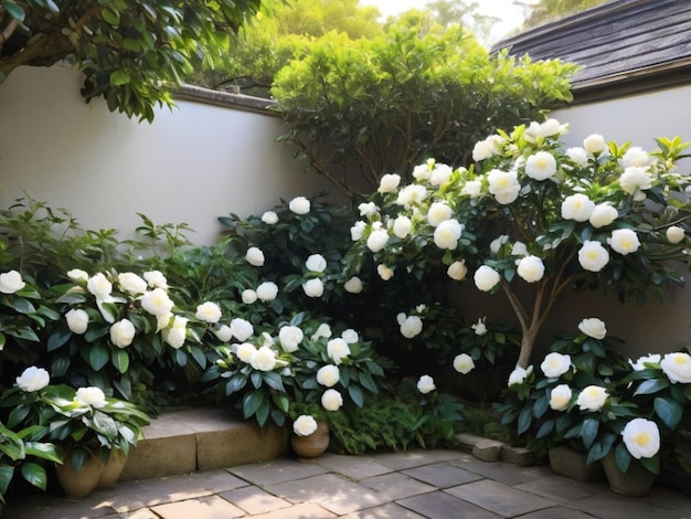 Un angolo di giardino sereno con camelie bianche che formano una cornice naturale