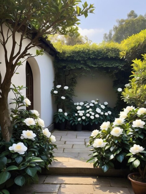 Un angolo di giardino sereno con camelie bianche che formano una cornice naturale